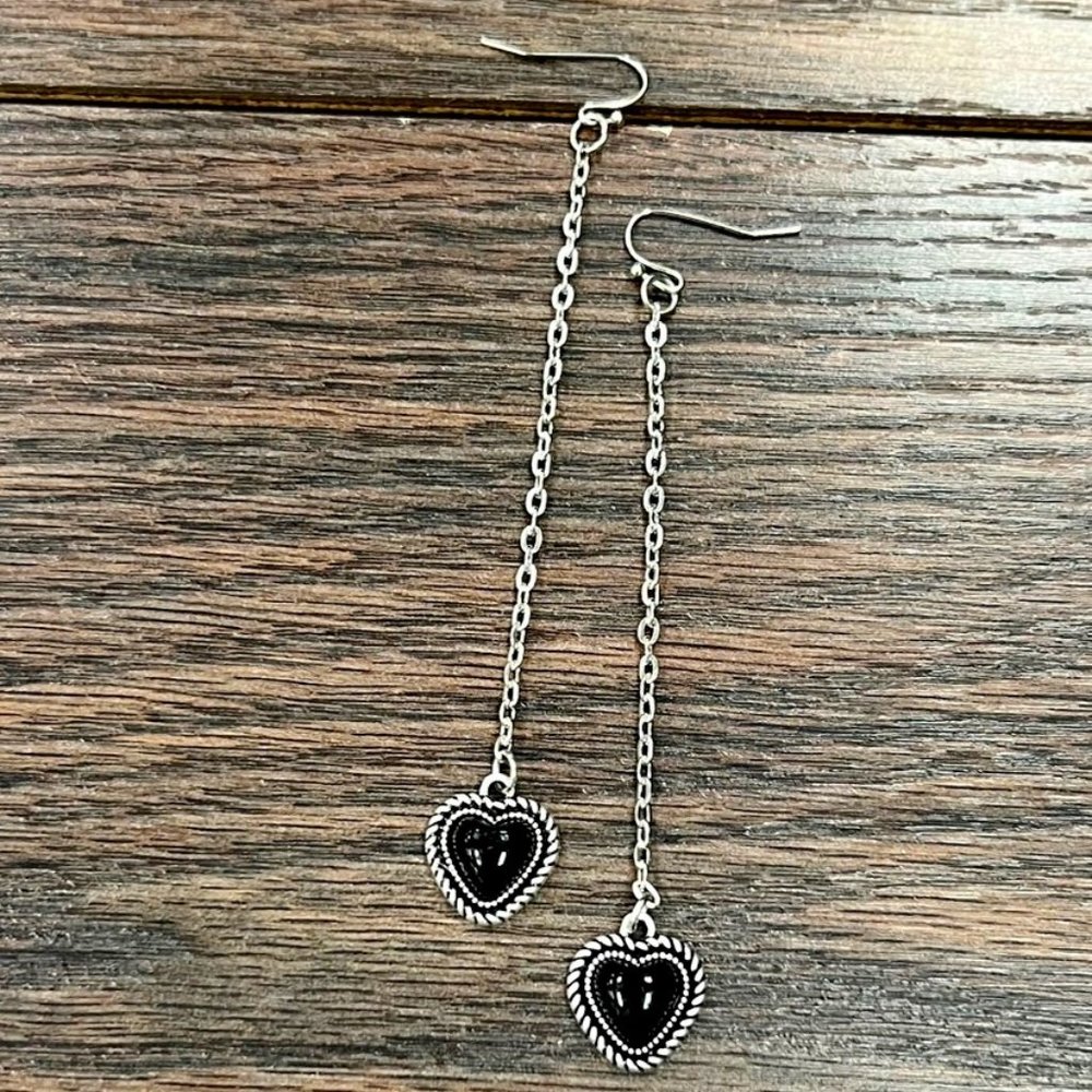 Heart Black Long Dangle Earrings